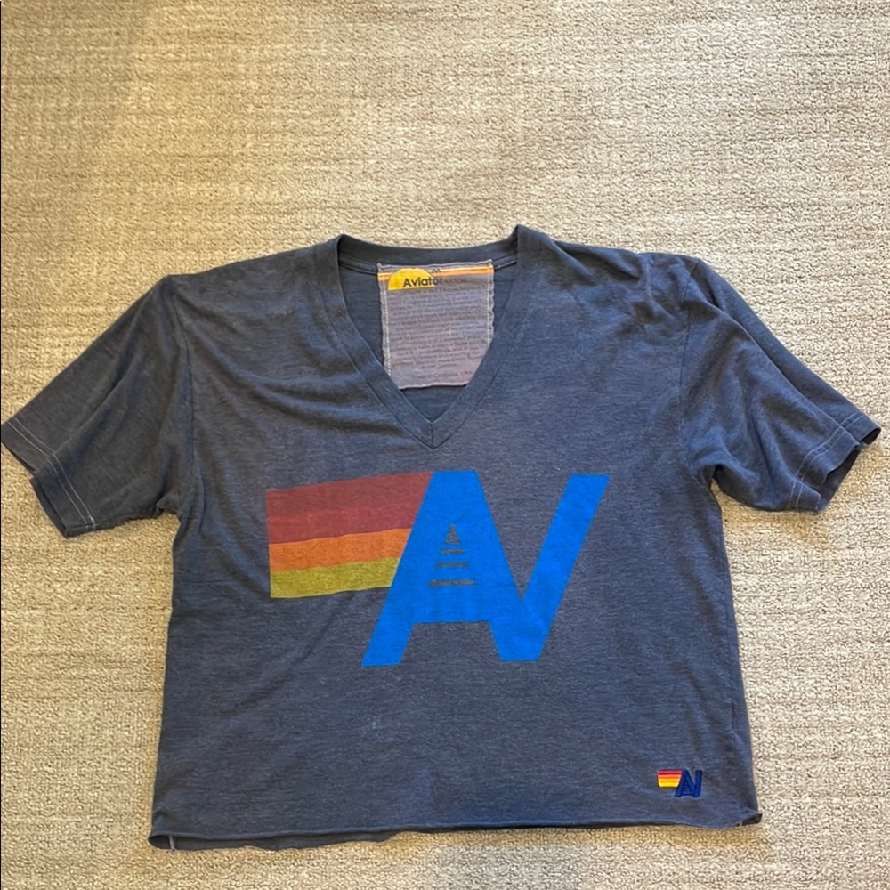 Blue and Red Aviator Nation Short Sleeve Tee with Graphic Design
